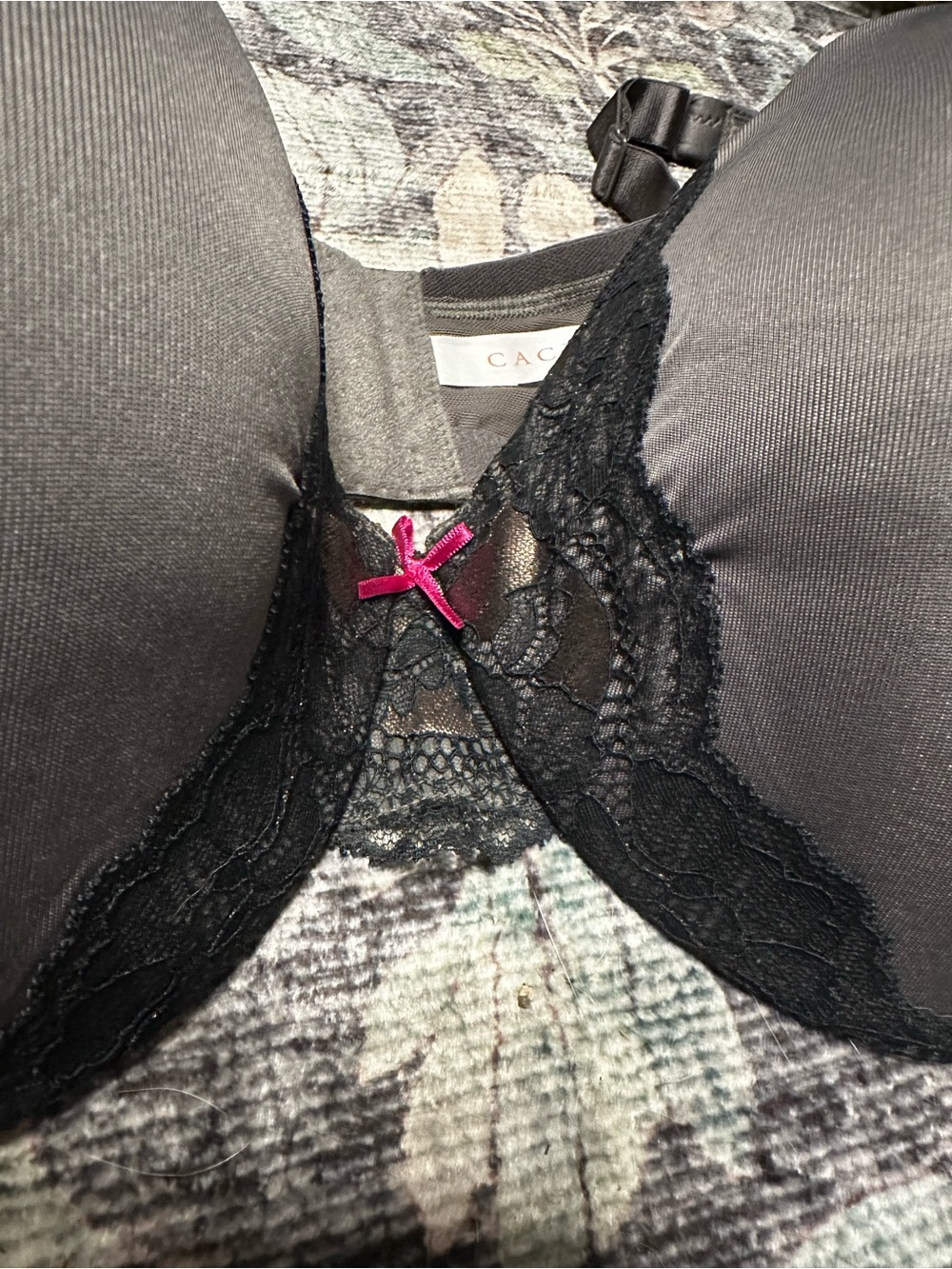 Cacique Black Lace T-Shirt Bra with Pink Accent Bow